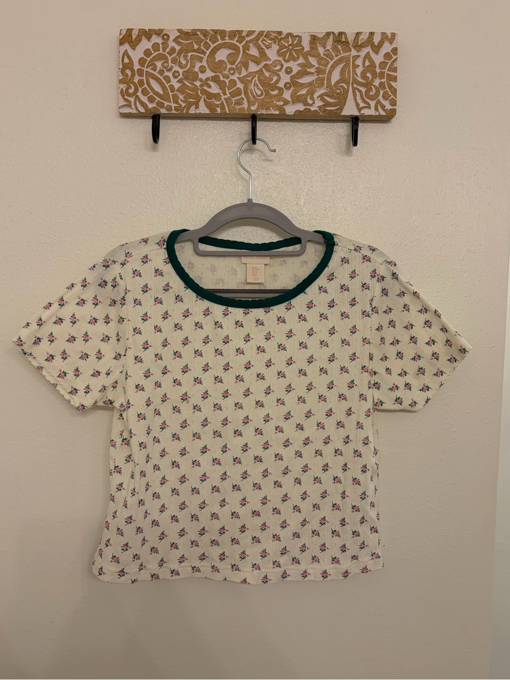 Rachel Ashwell 100% Organic Cotton Pointelle Floral Ringer Tee - Size Medium